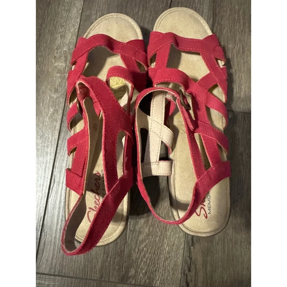 Skechers Red Suede Leather Criss‎ Cross Ankle Strap Wedge Sandals US Size 10